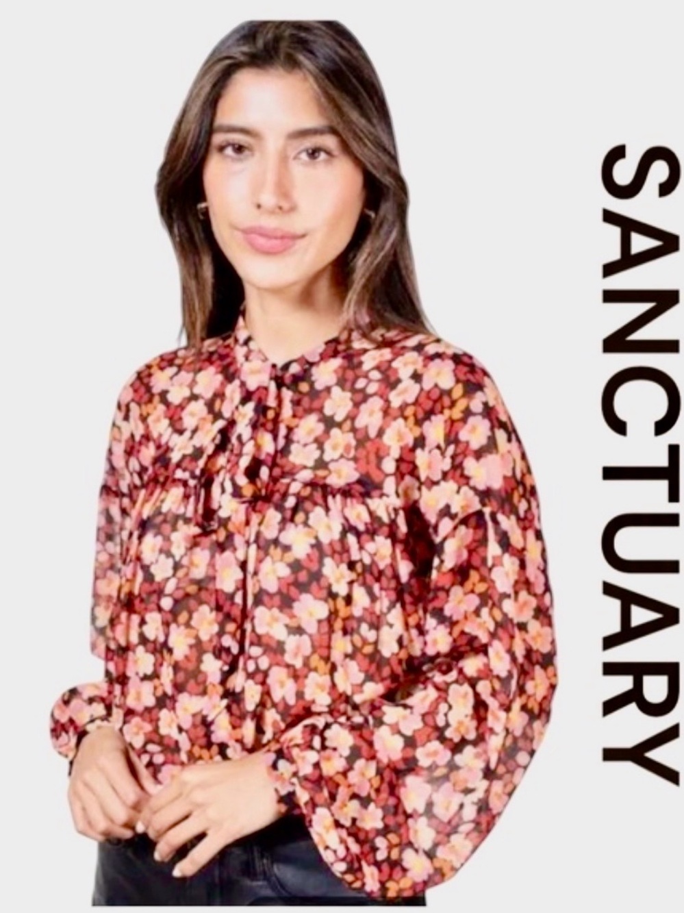 Sanctuary Pink & Coral Floral Tie-Neck Blouse NWOT